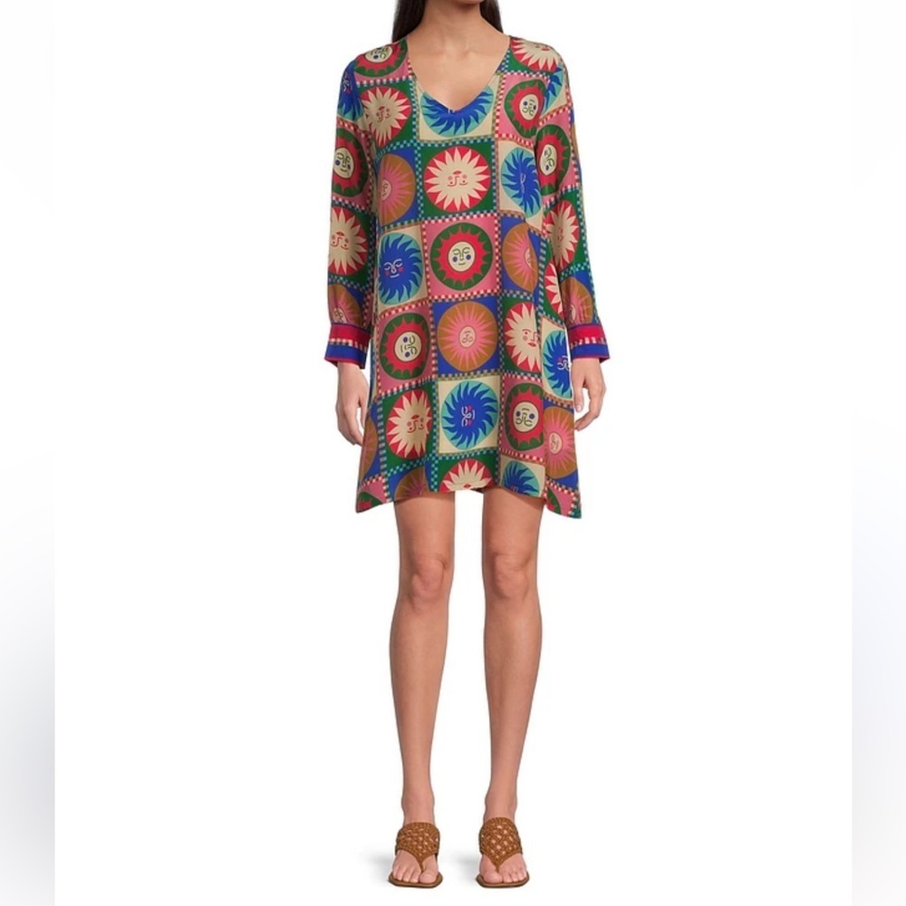 Johnny Was Lionora V-Neck Silk Swing Slip Dress Long Sleeve Sun Print NWT $378